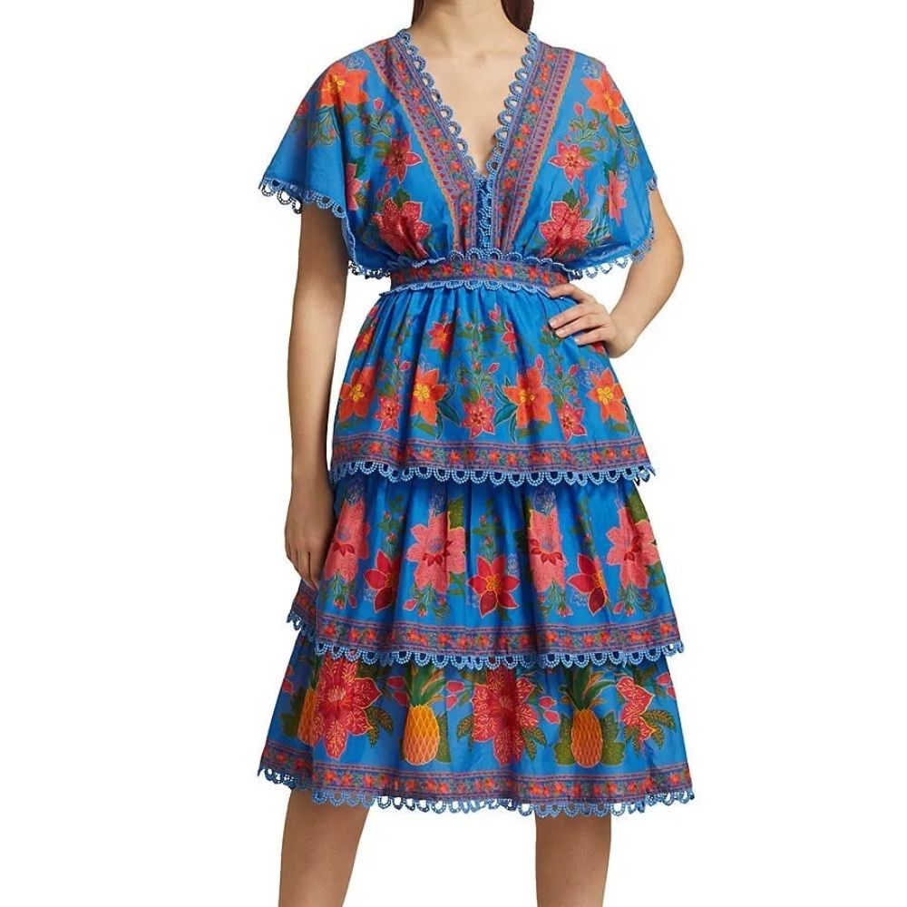 Farm Rio Women's Tropical Tapestry Layered Midi Dress - Blue
